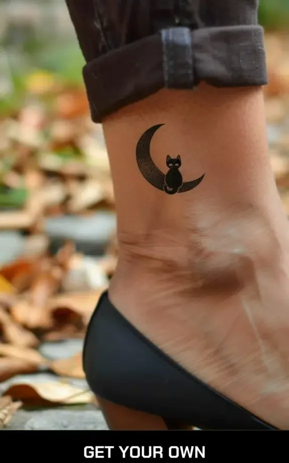 small beautiful tattoo idea for ladies: cat on a moon