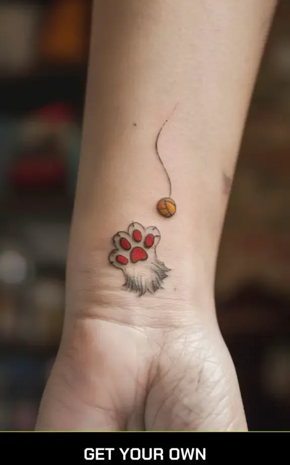  cat paw and yarn tattoo