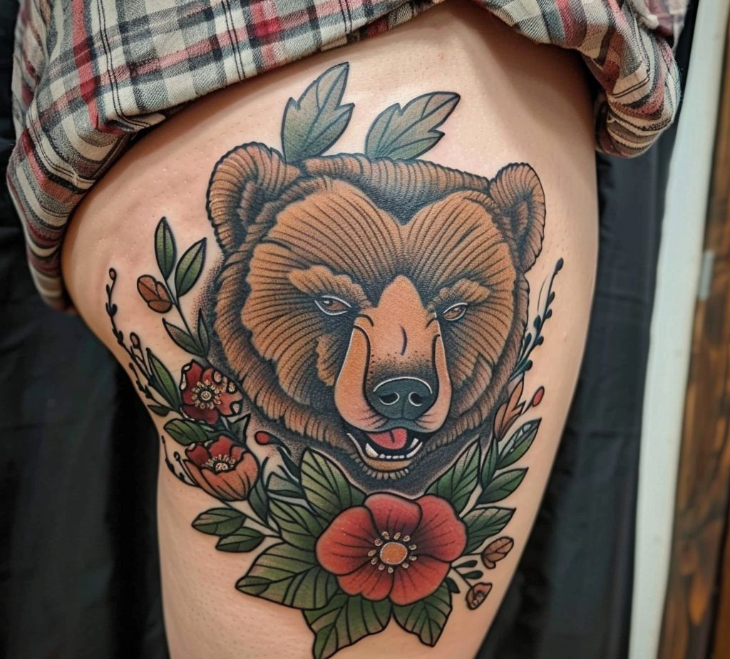 traditional bear thigh tattoo