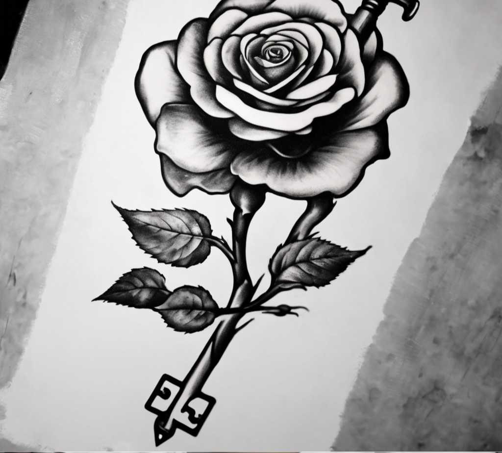 A single rose tattoo drawing with key