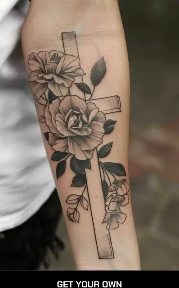 cross and flower forearm tattoo