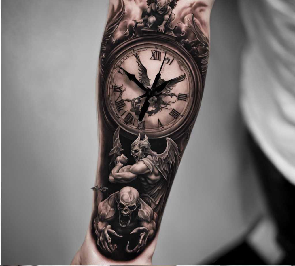 the is a black and white forearm tattoo titled temporal guardians