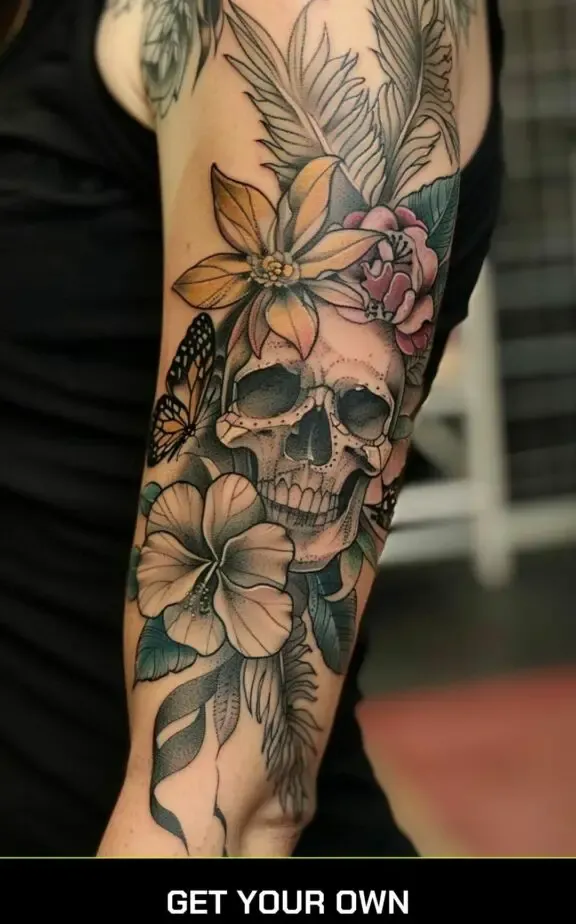skull and flower sleeve tattoo ideas for men