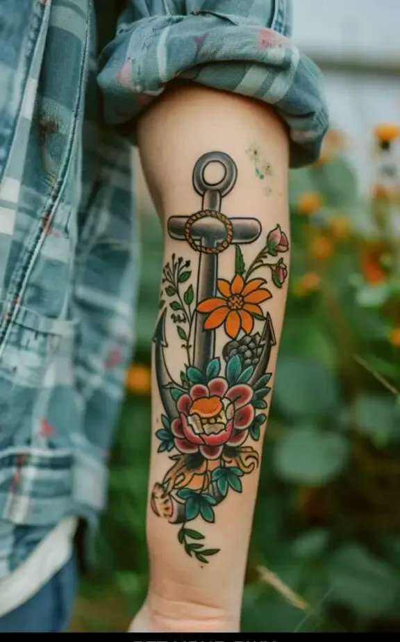 watercolor anchor and flower tattoo for ladies