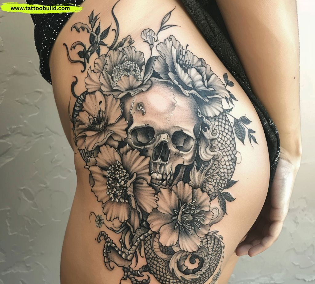 skull and snake hips tattoo for women