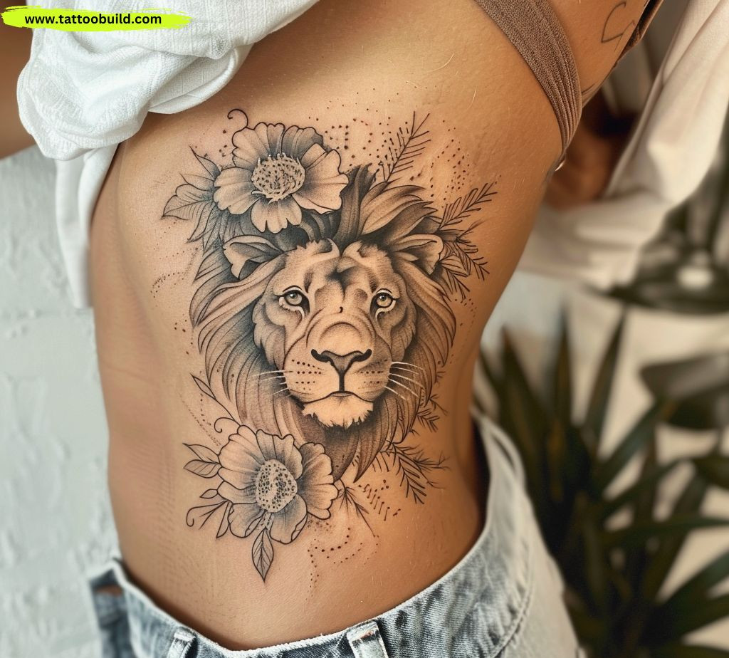 lion head ribs tattoo for women