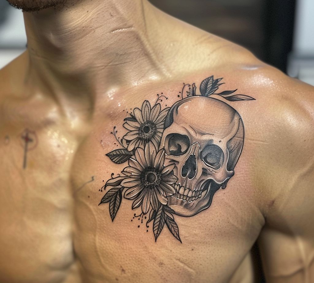 flower and skull tattoo on the chest of a man