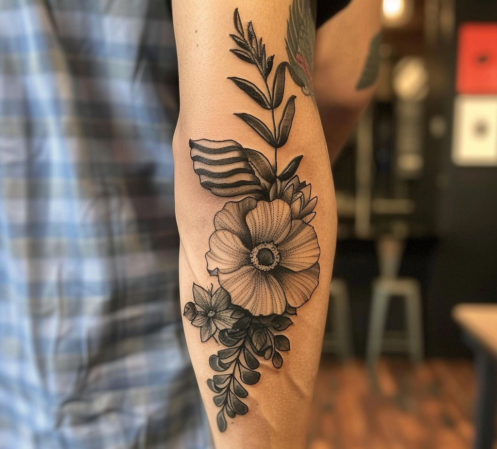 back arm masculine flower tattoo