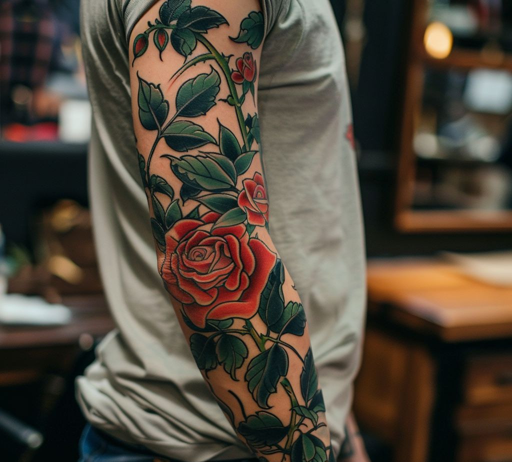 rose vine masculine  flower tattoo