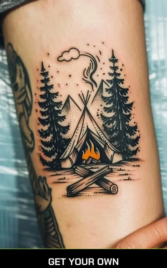 camping tattoo idea: tent and campfire tattoo