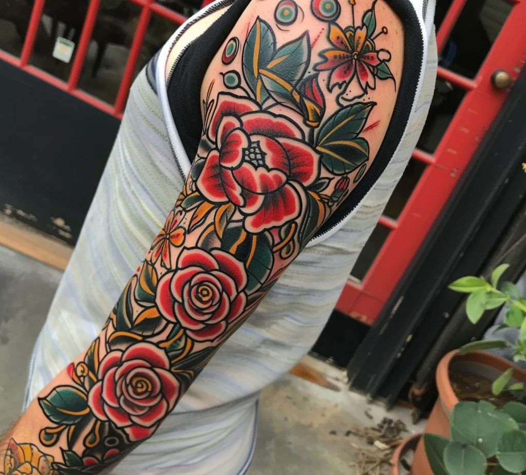 traditional American masculine flower tattoo