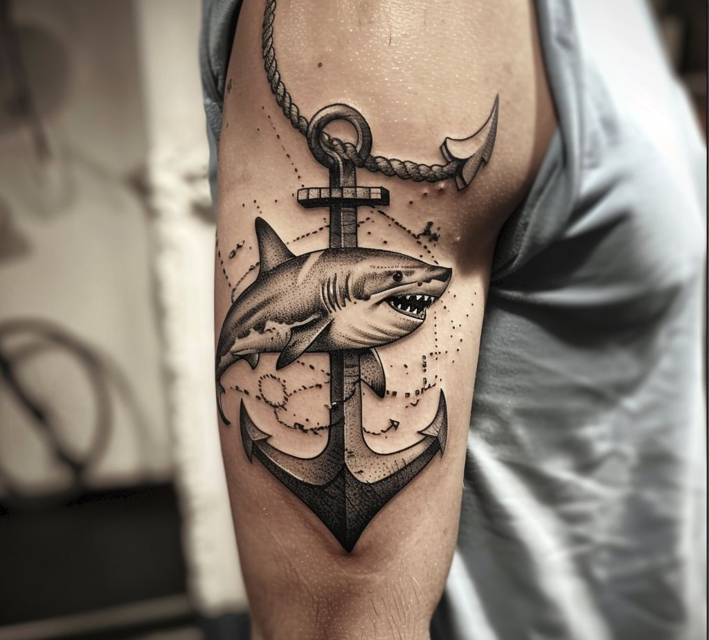 shark and anchor upper arm tattoo