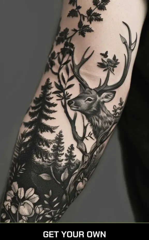 nature and deer black work tattoo 