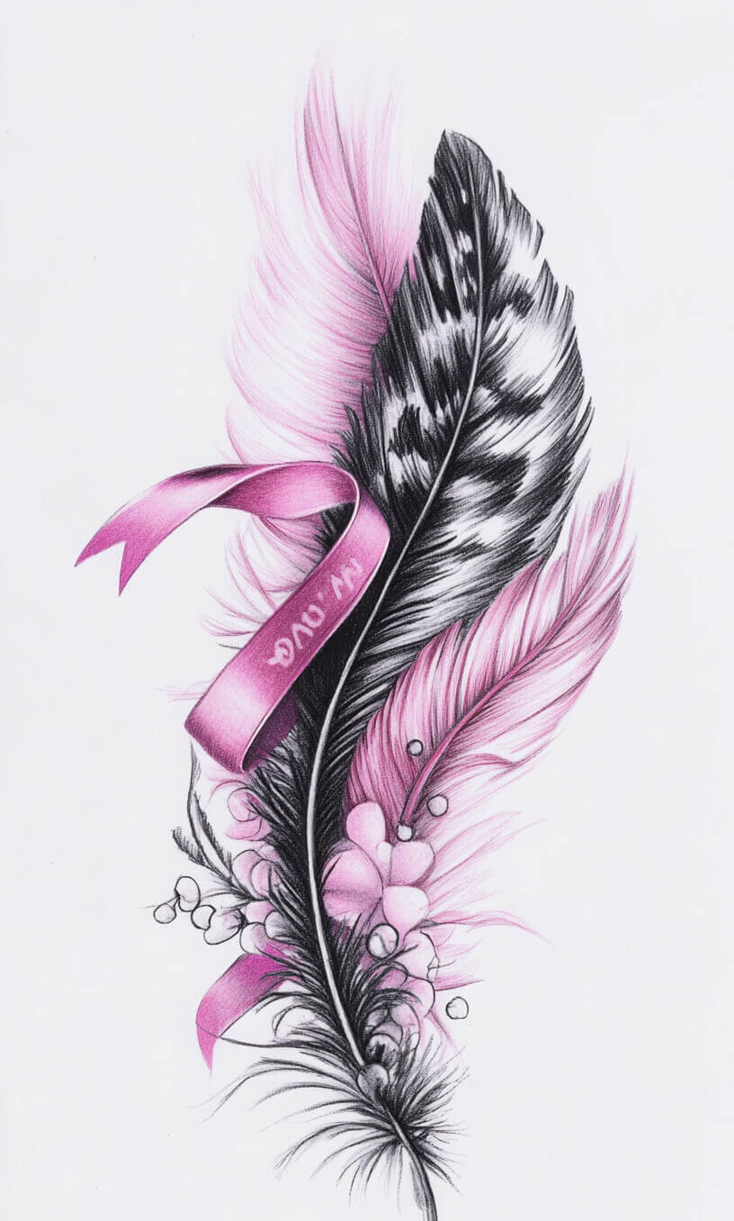 cancer ribbon feather tattoo drawing-9