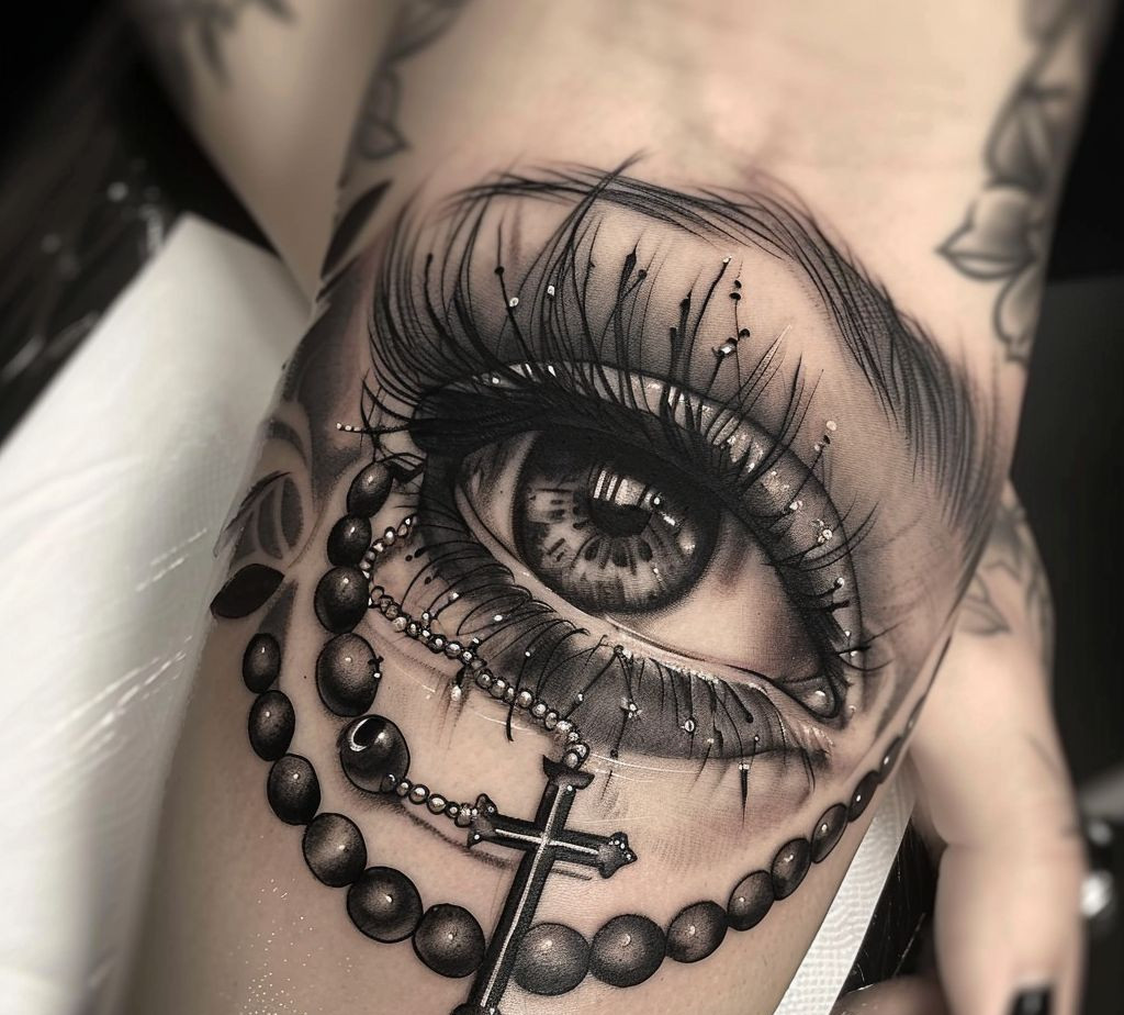 eye and rosary tattoo designs for men