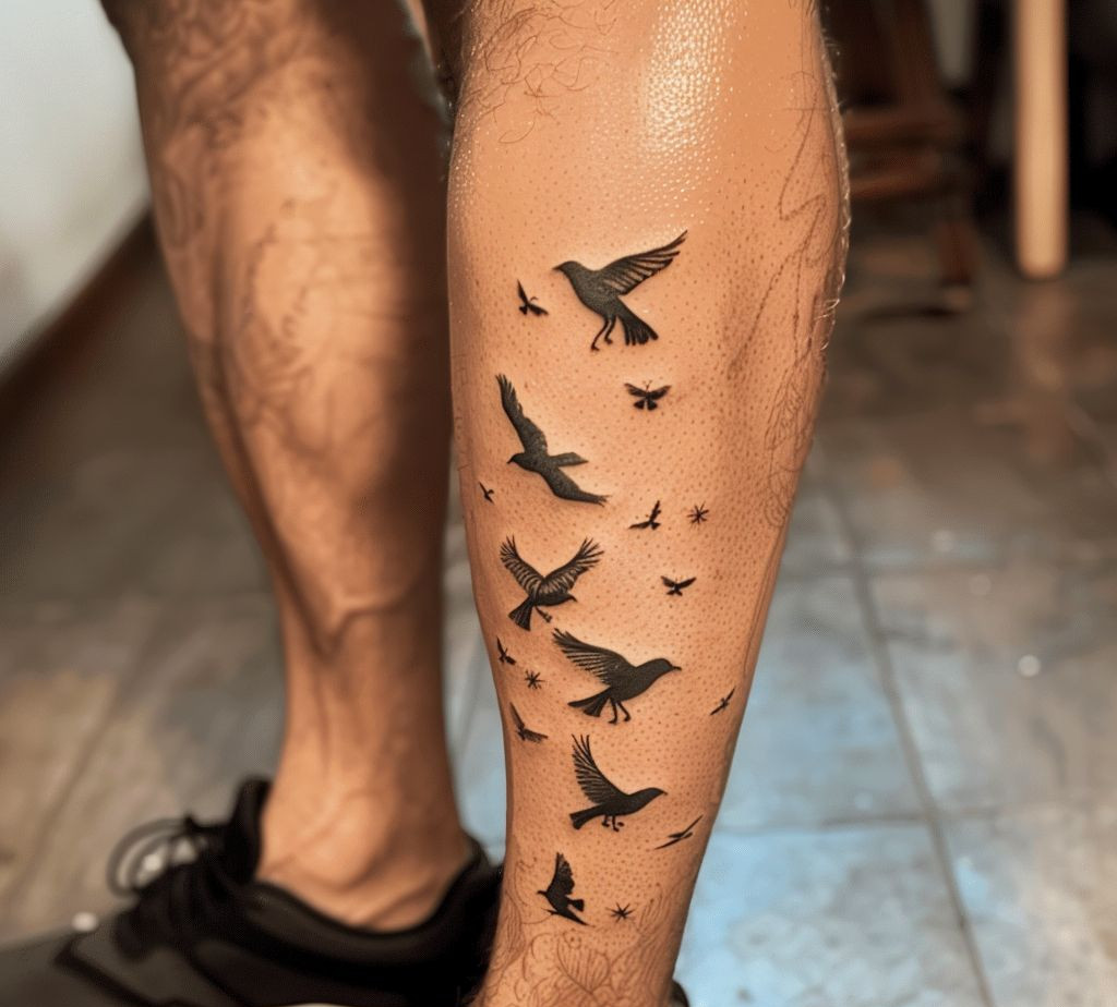 small flying birds tattoo on the leg for guys