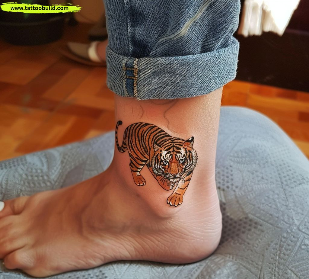 tiger tattoo on the ankle of a pretty women