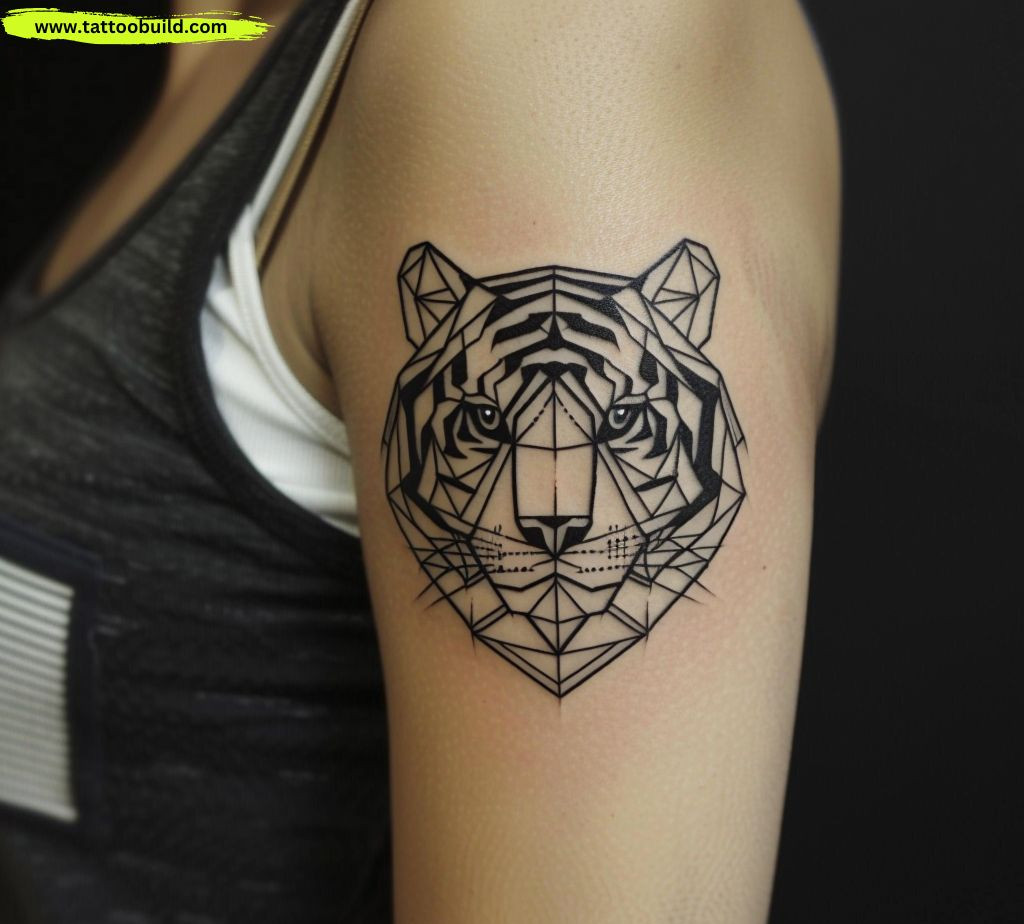 geometric black and white tiger tattoo on the arm of a woman