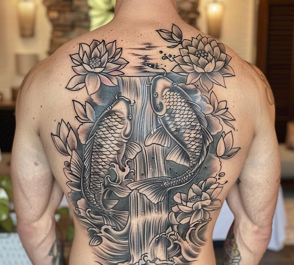koi tattoo is a symbolic back tattoo for men