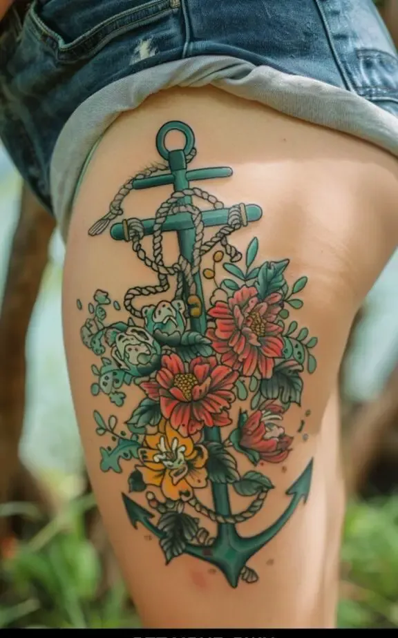 anchor and flower thigh tattoo for ladies