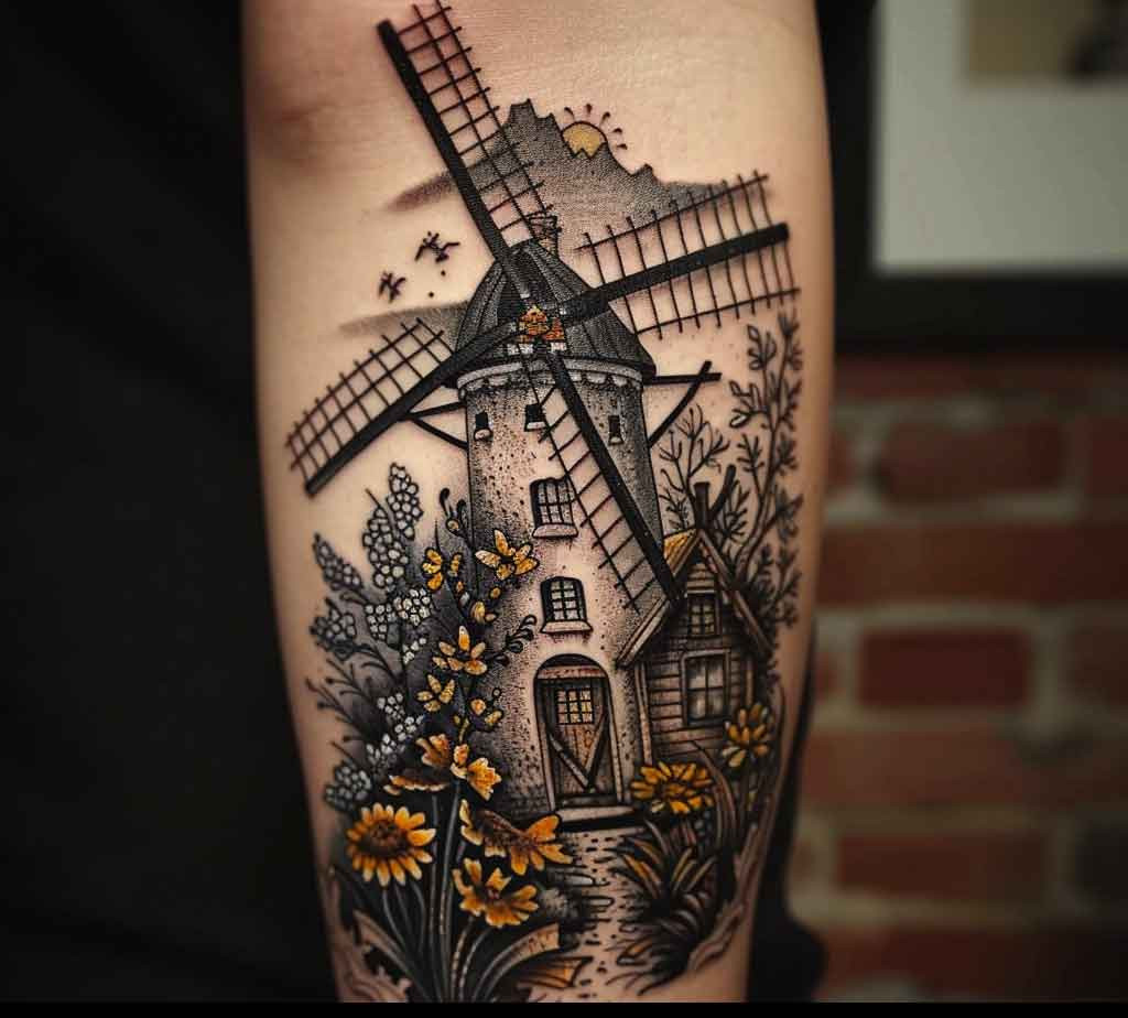 Floral Windmill Tattoo Design