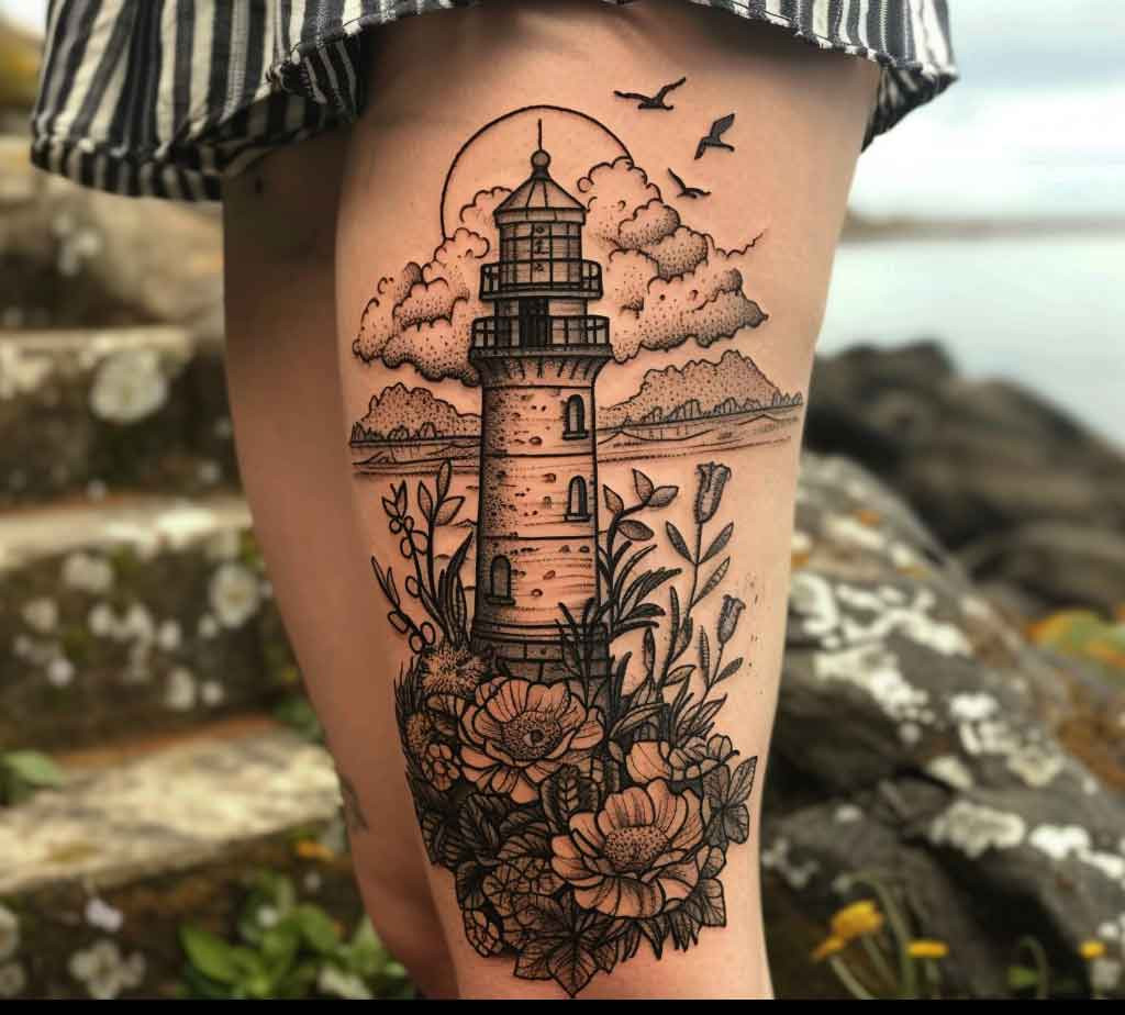 Floral Lighthouse Tattoo for women