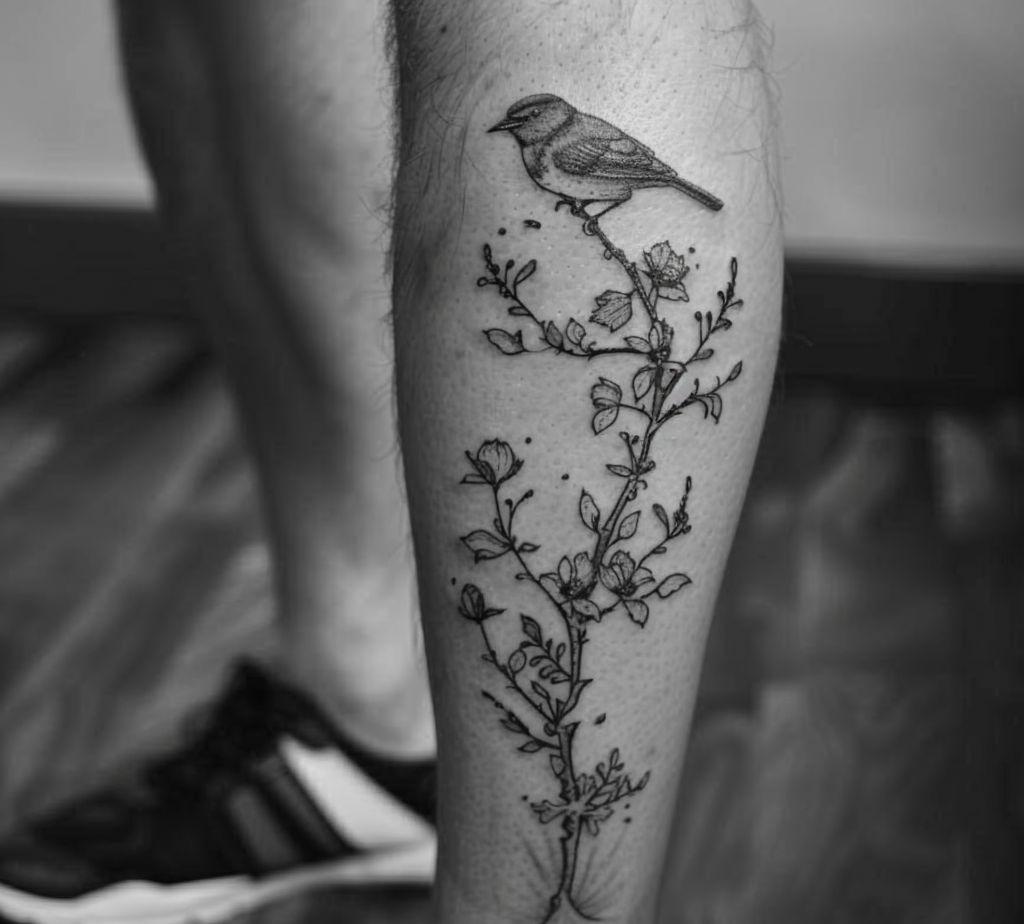 Bird shin tattoo