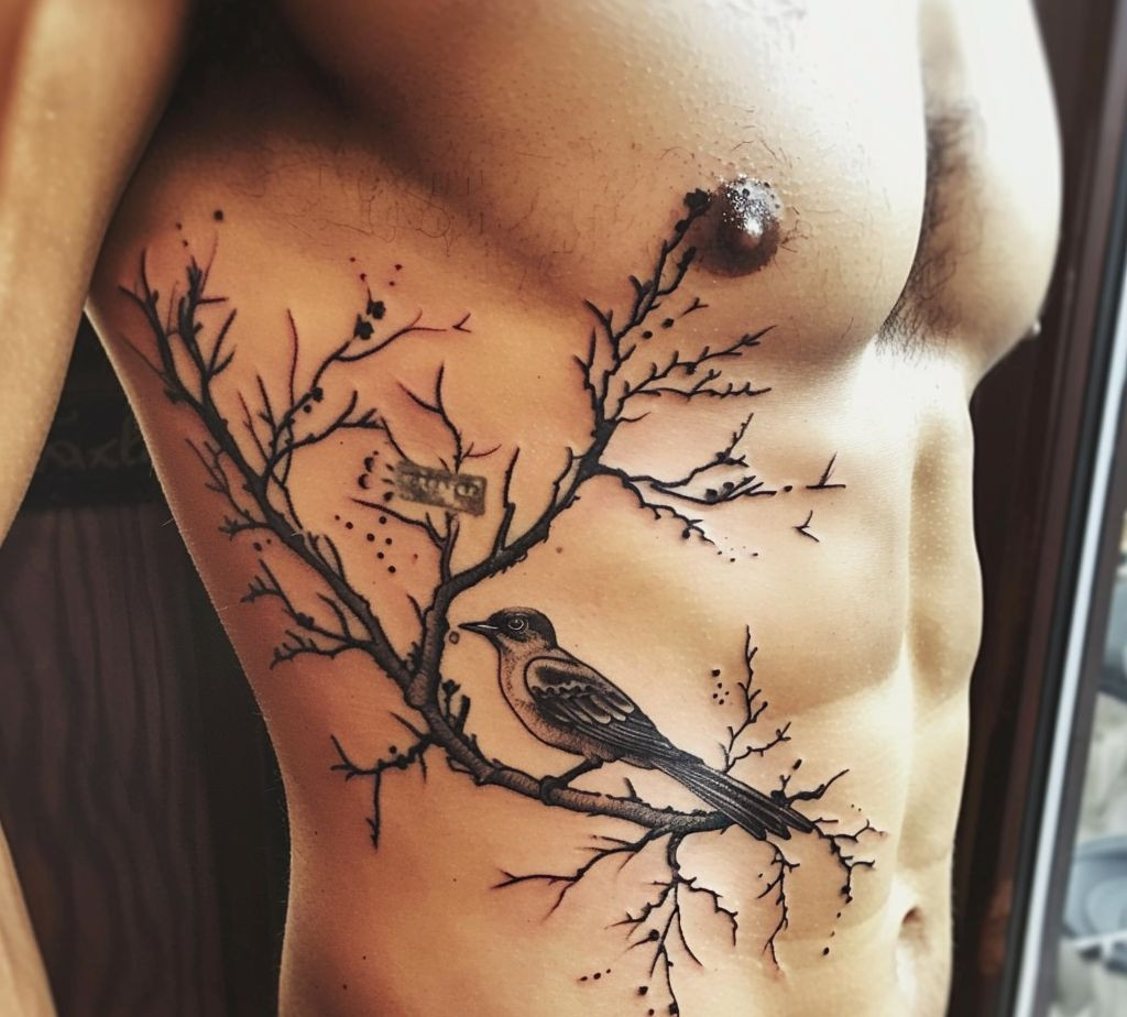 bird and tree tattoo on side body of a guy