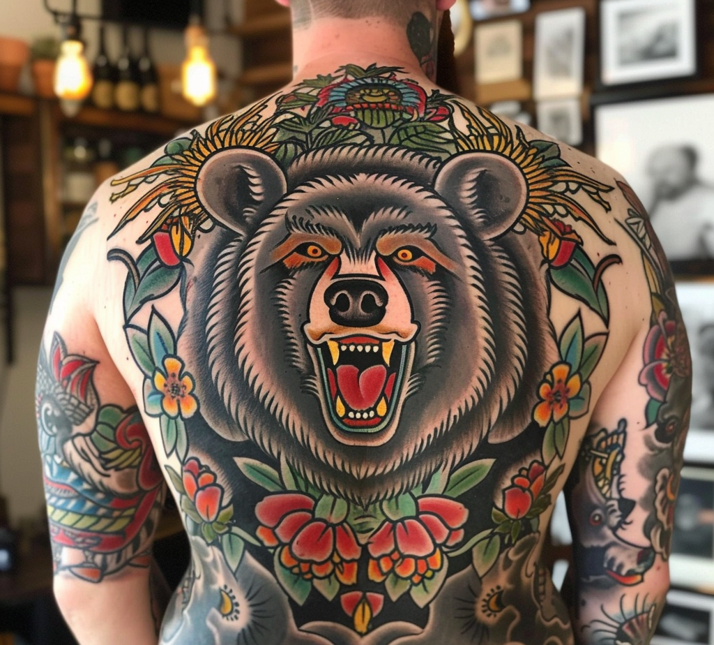 full back traditional bear tattoo