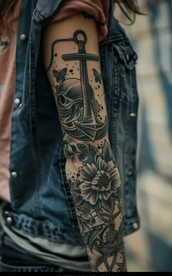 realistic anchor sleeve tattoo for females