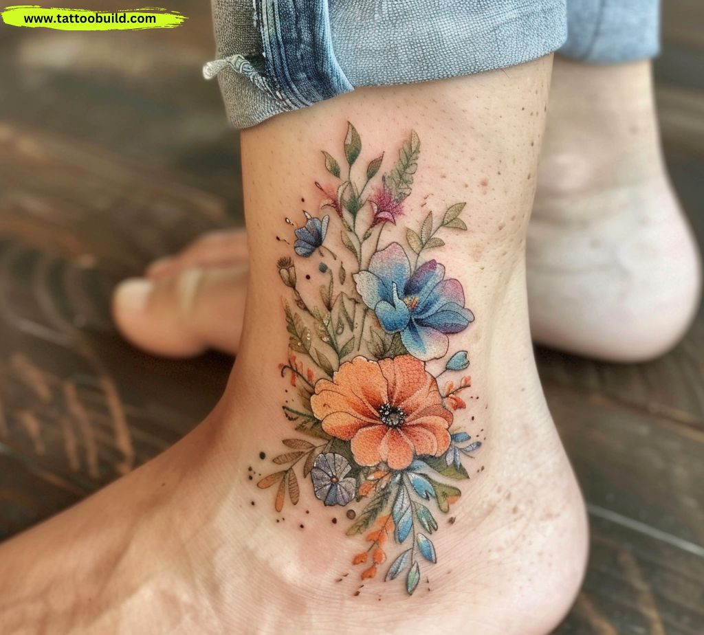 watercolor flower ankle tattoo