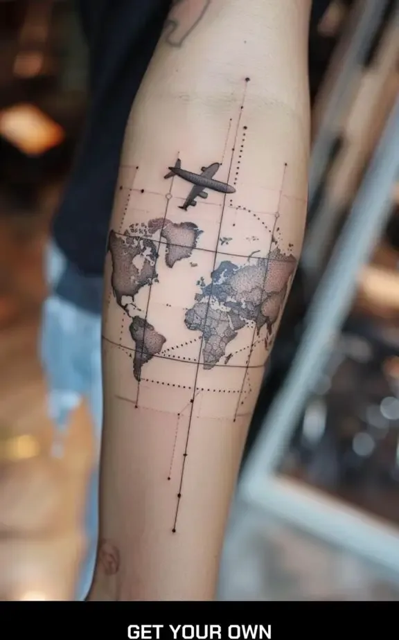 world map and airplane tattoo