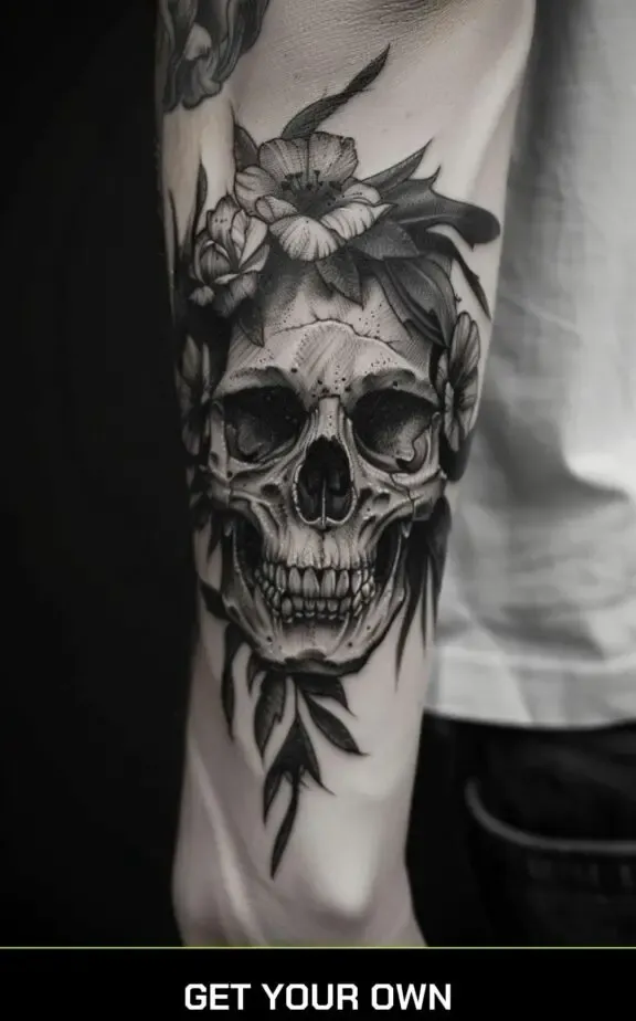 skull and flower blackwork tattoo idea
