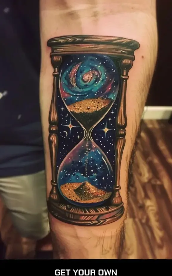 An hourglass tattoo with stars and galaxies inside it