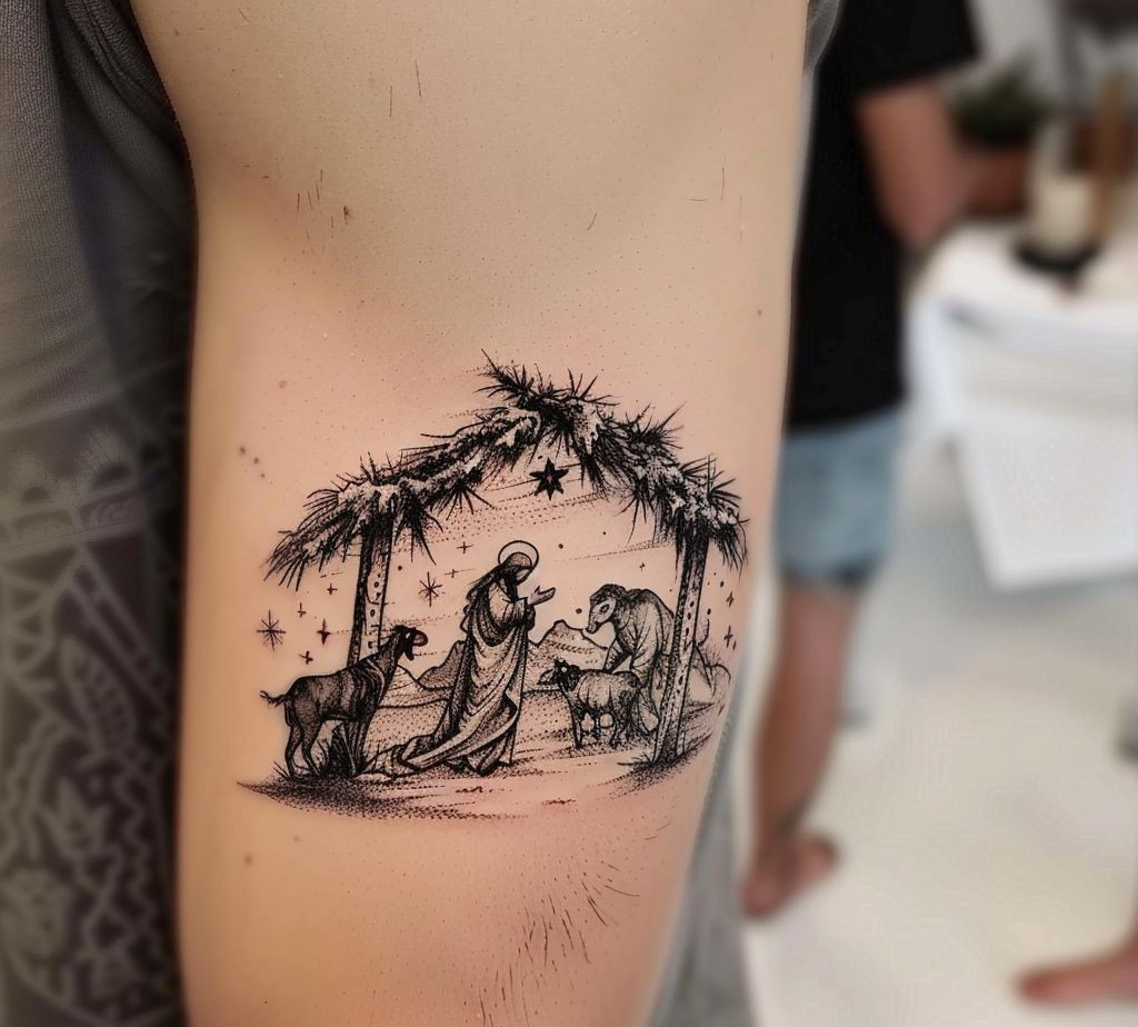 Nativity Scene Black and White Christmas Tattoo
