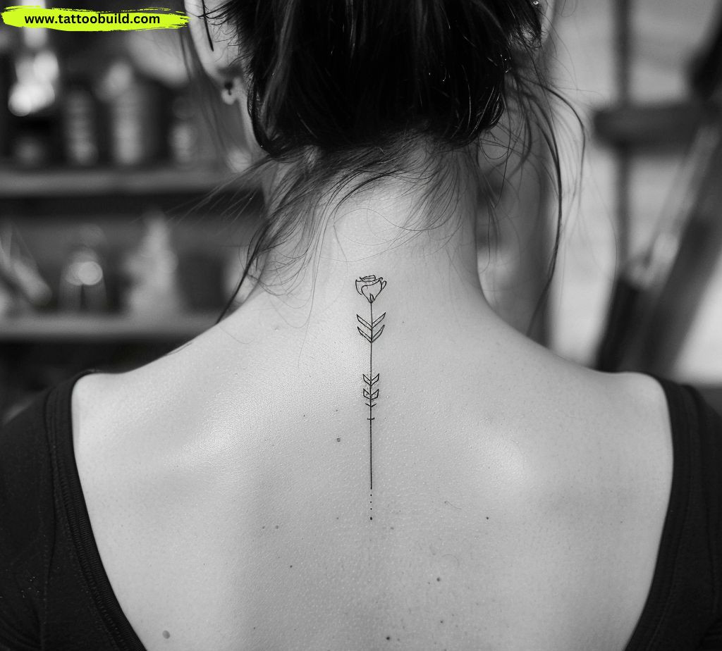 minimalist arrow and flower back tattoo