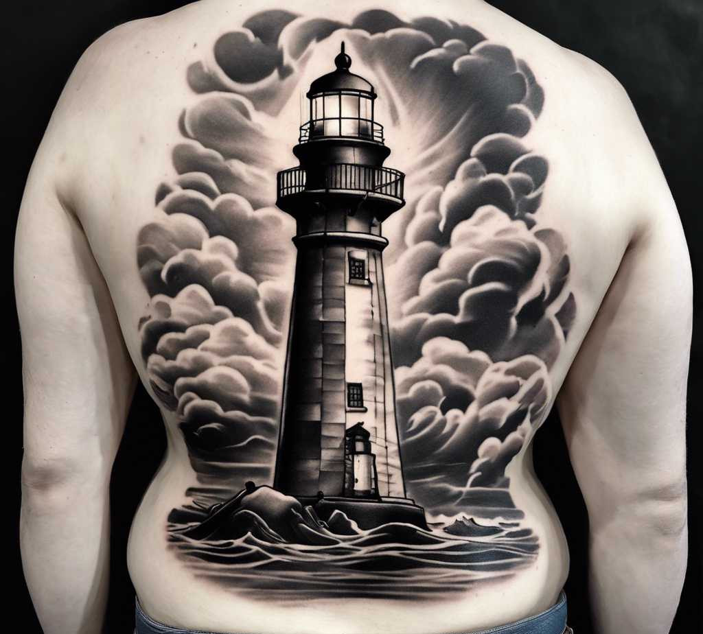 lighthouse back tattoo for men