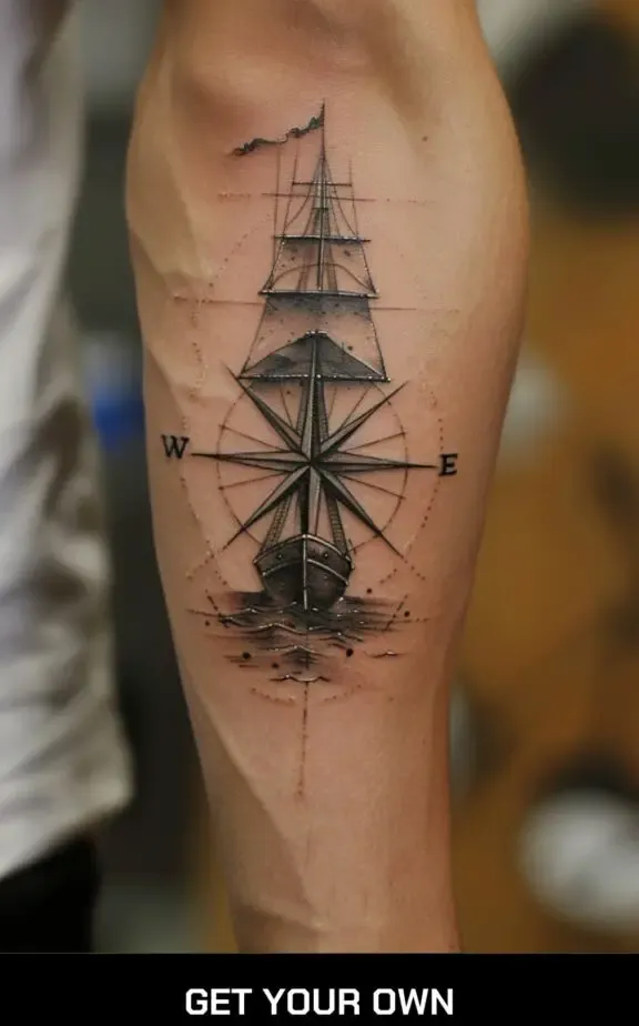 compass and ship travel tattoo idea