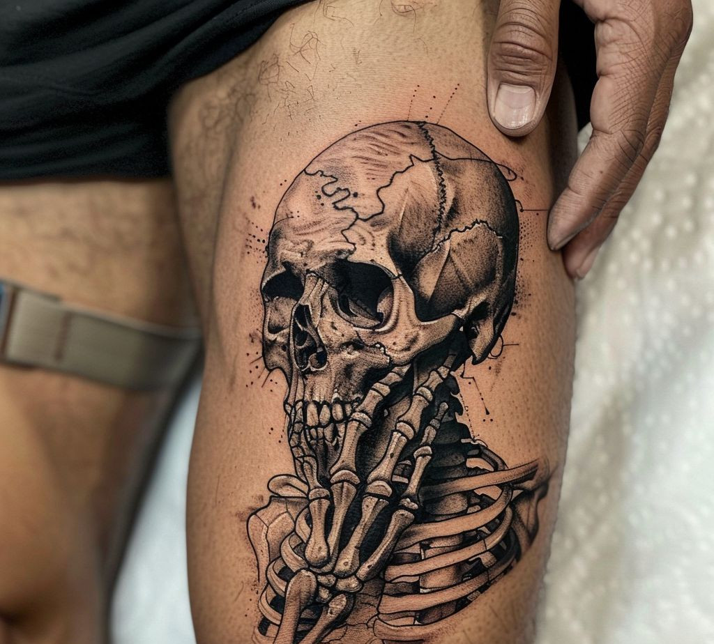 skull thigh tattoo