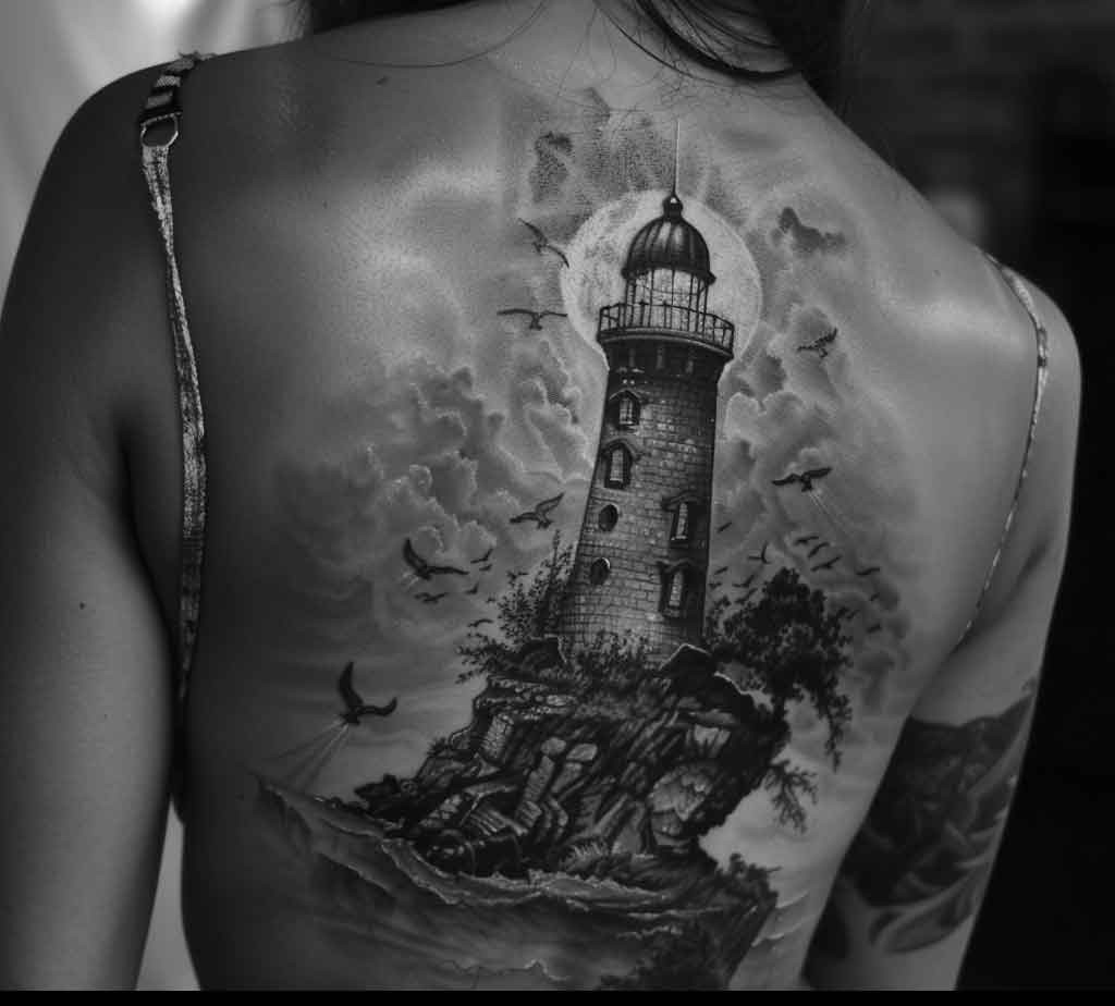 Lighthouse Tattoo Woman's back