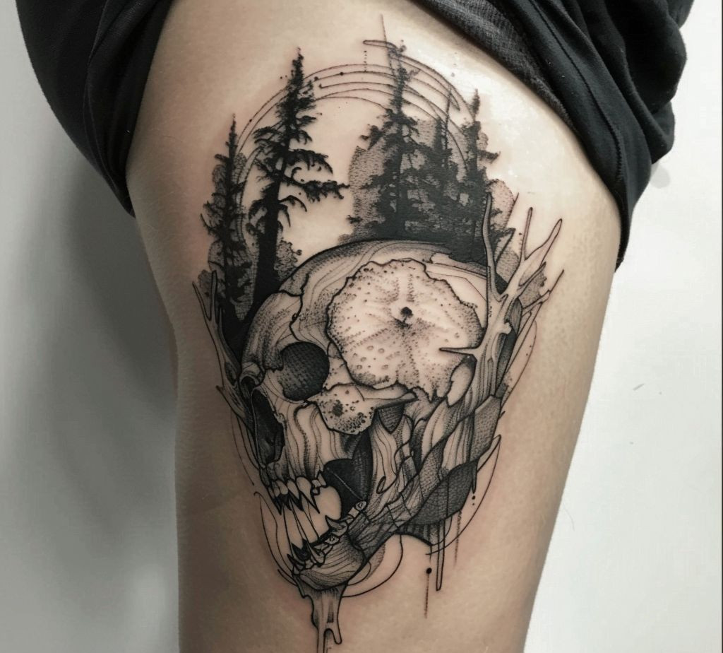 bear skull and forest tattoo