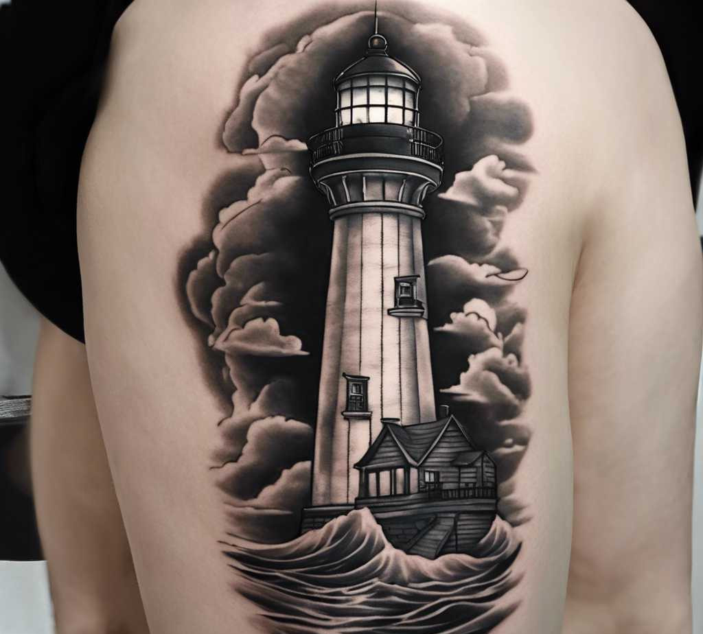 cloudy black and gray lighthouse tattoo