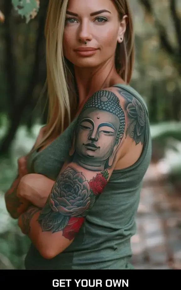 female buddha tattoo  in trash polka style