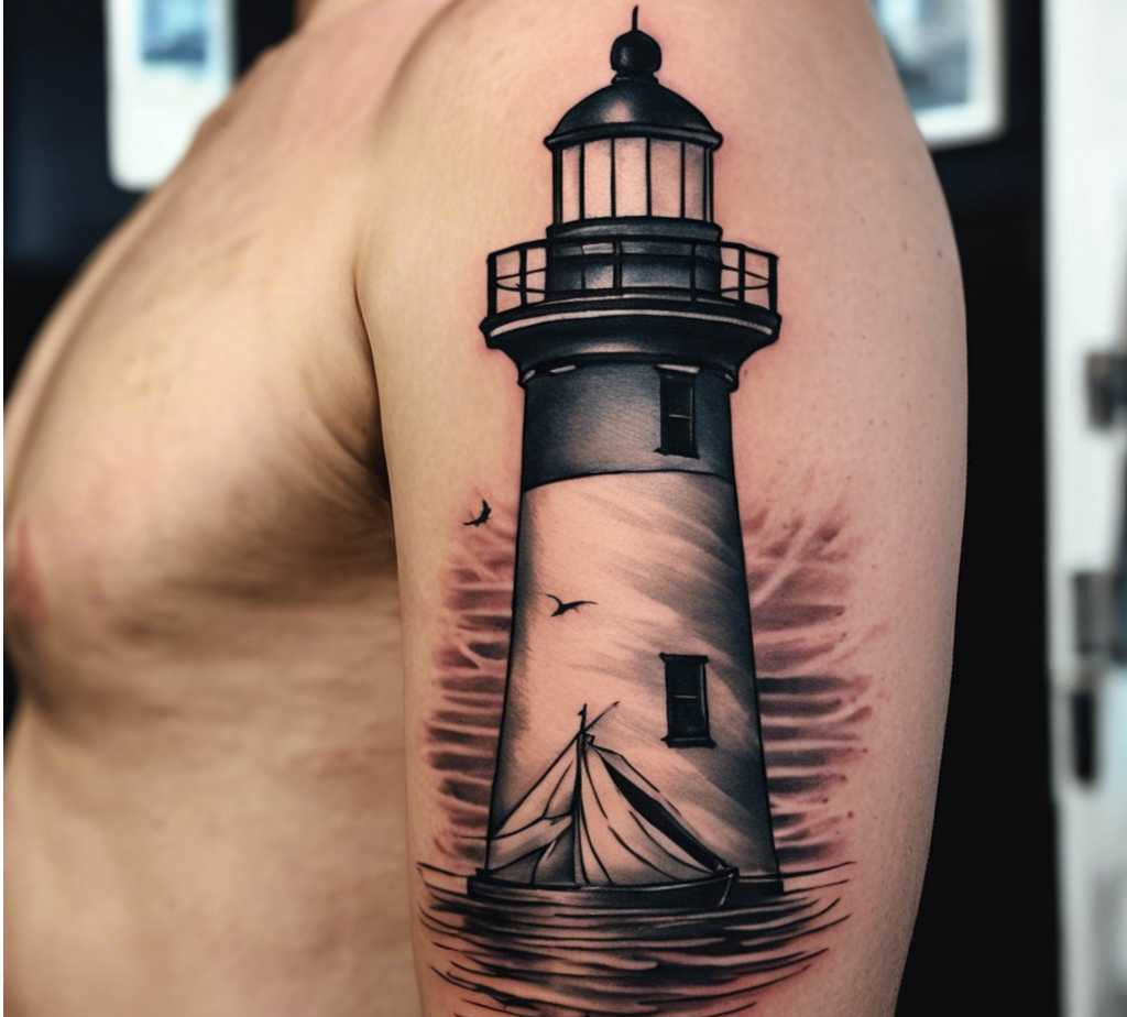 lighthouse shoulder Tattoo on the shoulder of a man