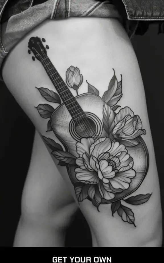 guitar and flower thigh tattoo