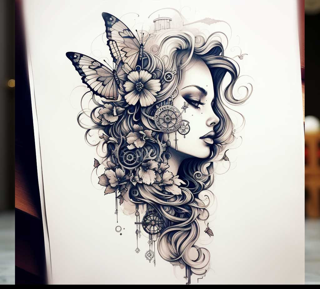 Women's thigh tattoo drawing