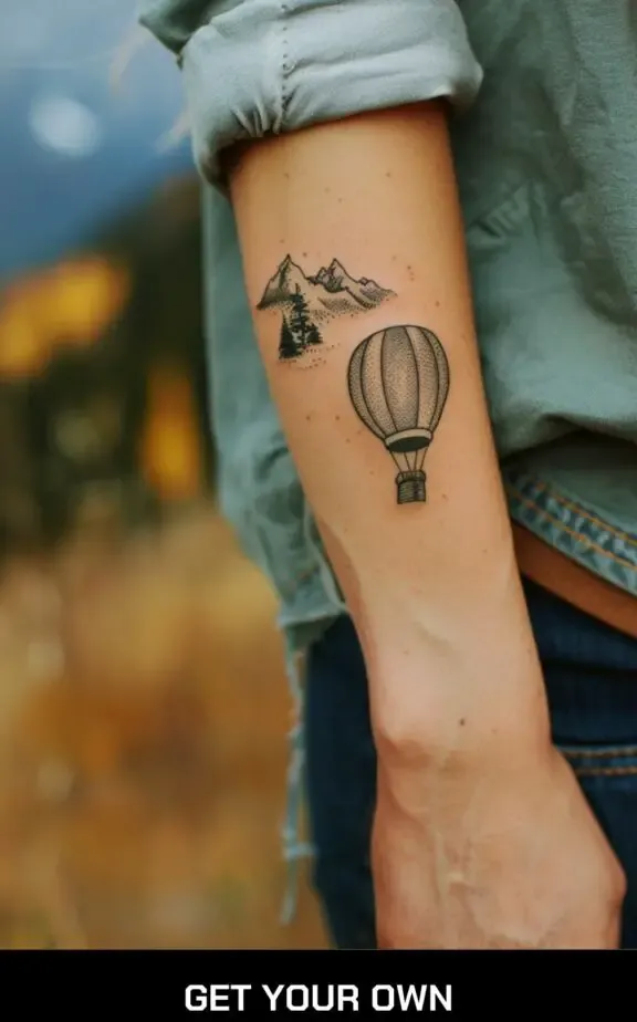 small beautiful tattoo: hot balloon and mountain