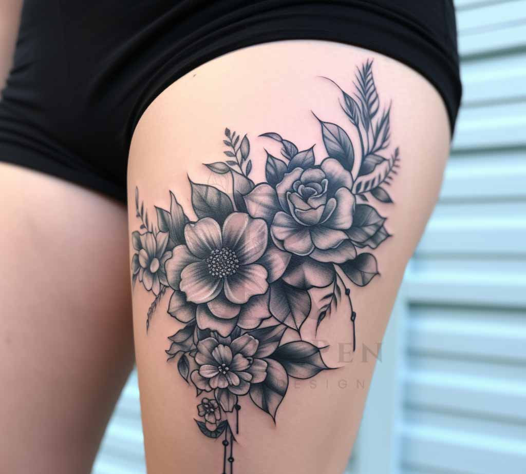 Womens black and gray flower thigh tattoo