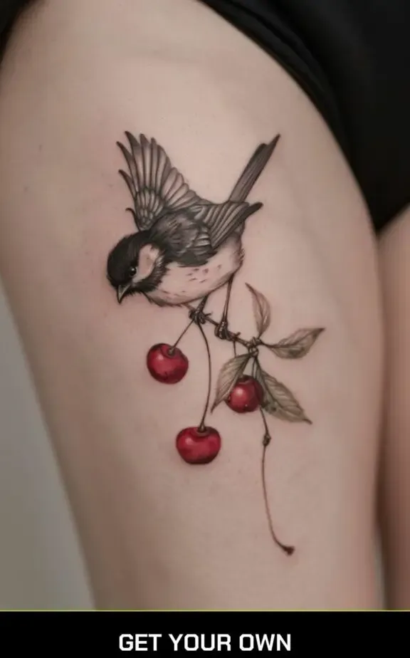 cherry and bird hip tattoo