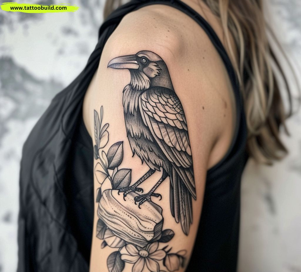 classy raven bird shoulder tattoo idea for women